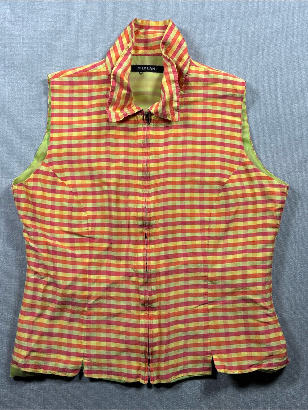 SilkLand Pink, Yellow & Orange Gingham Button-Up Top